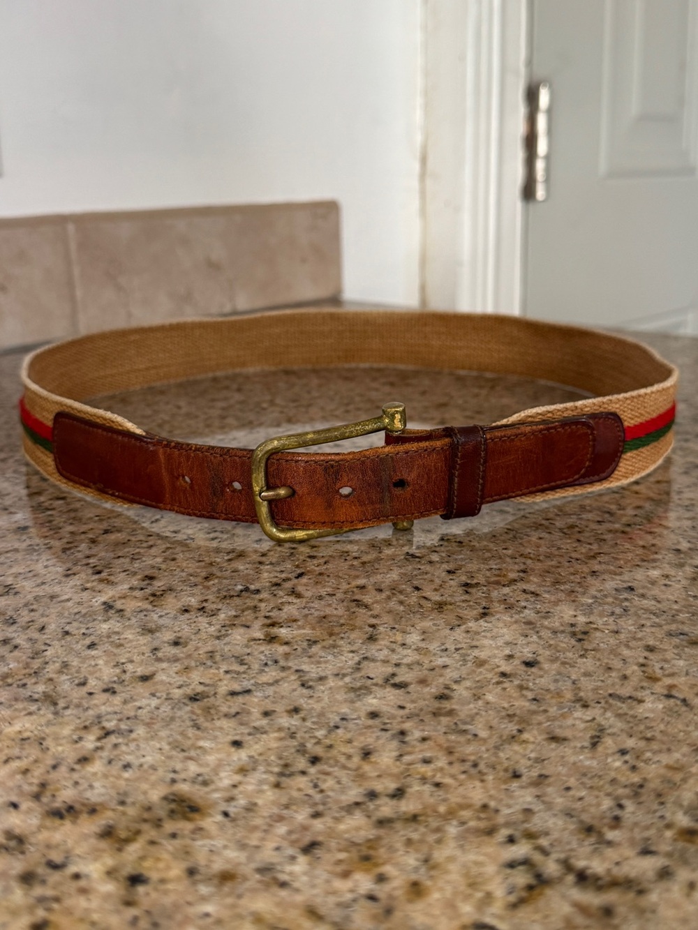 Vintage Dooney & Bourke Fabric and Brown Leather Belt Green Red Tan Brass 34